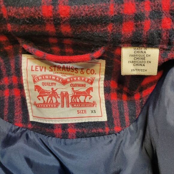 Levi's Red Black Plaid Wool Blend Cinch Waist Jacket Coat Women's XS Cabincore - Picture 8 of 11